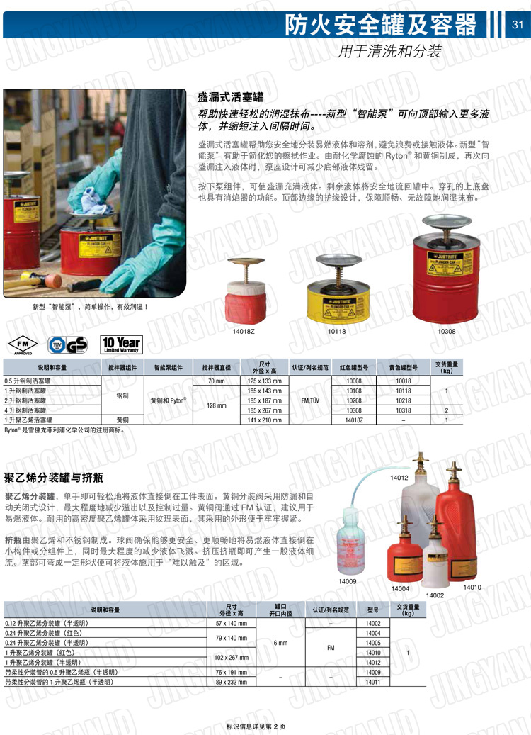 美國(guó)杰斯瑞特，JUSTRITE，活塞安全罐，盛漏式活塞罐，化學(xué)品分裝罐，